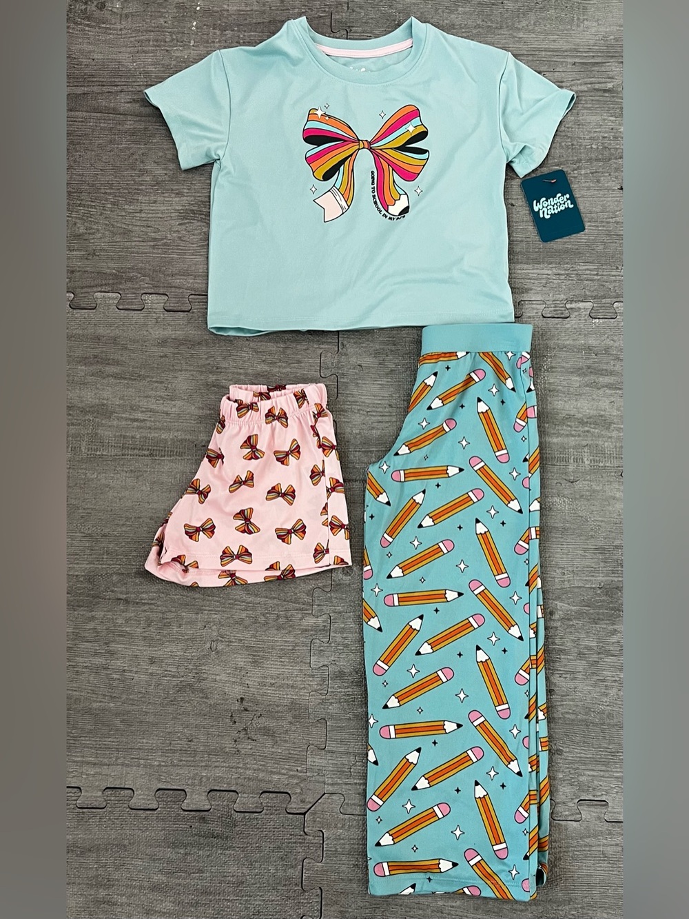 Wonder Nation Girls 3PC Knit Pajama Set Bow Short Sleeve Top Shorts Pants